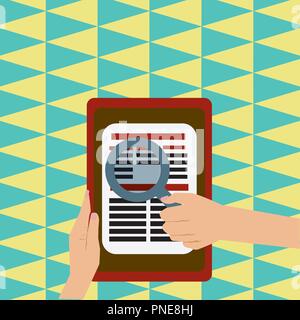 Flat design business Vector Illustration concept template copy space text for Ad website esp isolated 3d isometric. Female Hand Hold Magnifying Glass  Stock Vector