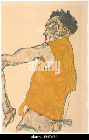 Self-Portrait in Yellow Vest, 1914. Date/Period: 1914. Painting. Gouache and pencil on japan paper. Author: EGON SCHIELE. Stock Photo