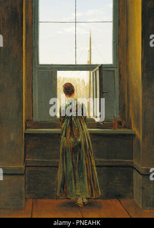 Frau am Fenster Woman at a Window Femme à la Fenêtre Donna alla finestra. Date/Period: 1822. Painting. Oil on canvas. 44 × 37 cm (17.3 × 14.5 in). Author: CASPAR DAVID FRIEDRICH. Stock Photo