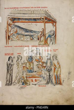Heinrich Sleeping and Hedwig Praying; Heinrich and Hedwig with Their Children. Date/Period: 1353. Folio. Tempera colors, colored washes, and ink on parchment. Height: 341 mm (13.42 in); Width: 248 mm (9.76 in). Author: Court workshop of Duke Ludwig I of Liegnitz and Brieg. Court workshop of Duke Ludwig I of Liegnitz. Stock Photo