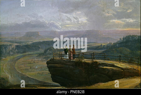 Fra Bastei / View from Bastei. Date/Period: October 1819. Painting. Oil on canvas. Height: 35 cm (13.7 in); Width: 54 cm (21.2 in). Author: JOHAN CHRISTIAN DAHL. JOHANN CHRISTIAN CLAUSEN DAHL. Stock Photo