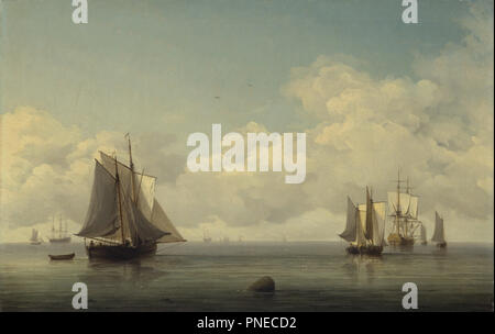 Fishing Boats in a Calm Sea. Date/Period: Between 1745 and 1759. Painting. Oil on canvas. Height: 379 mm (14.92 in); Width: 592 mm (23.30 in). Author: Charles Brooking. Stock Photo
