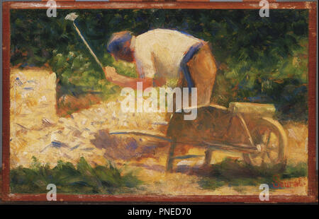 The Stone Breaker. Date/Period: 1882. Painting. Oil on wood panel. Height: 6.13 mm (0.24 in); Width: 9.75 mm (0.38 in). Author: GEORGES SEURAT. SEURAT, GEORGES. Stock Photo