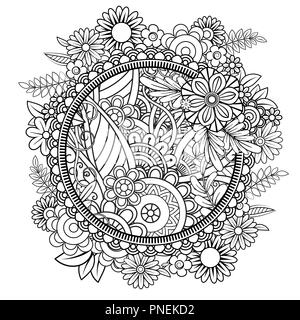 Adult coloring page with flowers pattern. Black and white doodle wreath. Floral mandala. Bouquet line art vector illustration isolated on white background. Round design element Stock Vector