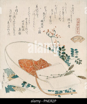 Myriad grasses shell (Chigusagai)    from the series 'A shell-matching game with Genroku thirty-six linked verses (Genroku kasen kai-awase)'. Date/Period: 1821. Print. Shikishiban surimono, colour woodblock print. Height: 20.60 mm (0.81 in); Width: 18 mm (0.70 in). Author: HOKUSAI, KATSUSHIKA. Stock Photo