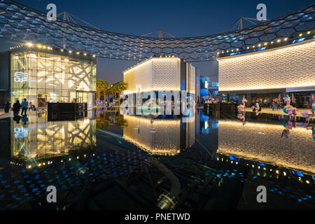 Night at the new modern City Walk shopping district in Dubai, United Arab Emirates. Stock Photo