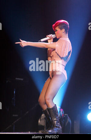 Rihanna performs in concert on her 'Last Girl On Earth' tour at the American Airlines Arena in Miami on July 31, 2010. Stock Photo