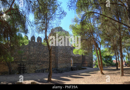 The remains of the ancient castle of Anento, with some trees and the sunlight in backlight, in the small spanish aragonese town of Anento Stock Photo