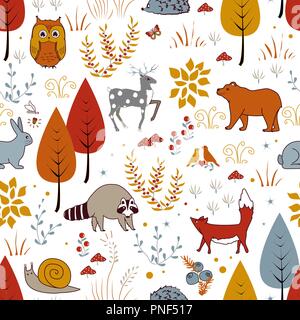 Cute vector seamless pattern with forest plants, birds, bear, deer, raccoon, and fox. Kids autumn background. Vector illustration Stock Vector