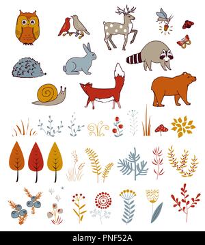 Cute vector set with doodle forest plants and animals. Birds, bear, hare, deer, raccoon, and fox. Kids autumn collection. Stock Vector