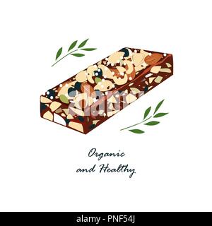 Granola bar with nats and dried fruits isolated on white . Energy bars vector, organic and healthy food emblem. Vector illustration Stock Vector