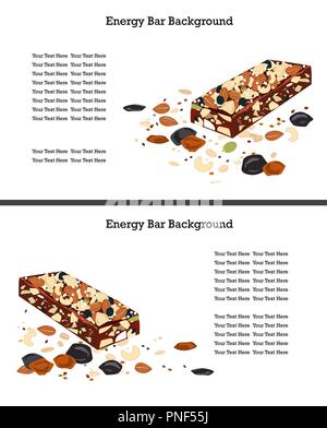 Healthy crunchy granola bar and some dried fruits and nuts on the white background. Text space. Vector illustration. Two variants Stock Vector