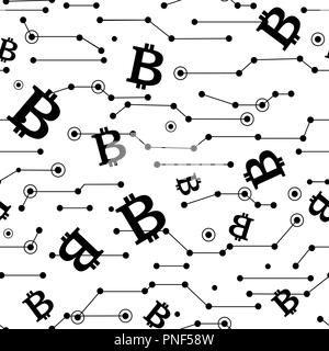 Line Bitcoin White Seamless Pattern. Vector Illustration of Black and white Background. Cryptocurrency Financial Items. Stock Vector