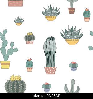 Doodle textured cactuses. Seamless pattern. Vector illustration Stock Vector