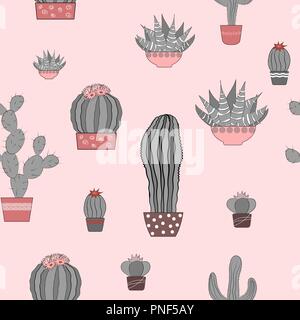 Doodle textured cactuses. Seamless pattern. Vector illustration, grey and pink palette Stock Vector