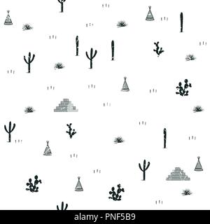 Pyramids, indian tents, saguaro, agaves, and opuntia cactuses on white background. Cute design for textile, wallpapers, kids industry. Vector illustra Stock Vector