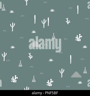 Seamless pattern with indian tents, pyramids and cacti. Saguaro, opuntia, and wigwames. Vector illustration. Simple design for textile, clothing, wall Stock Vector