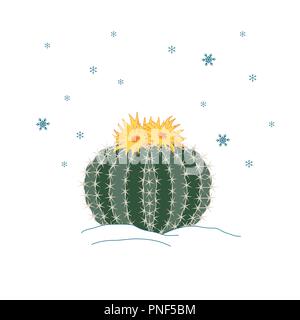 Winter cactus with flowers and snowflakes sky. New year illustration, card, poster. Vector background Stock Vector