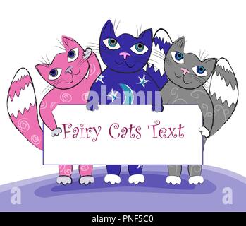 Three cartoon fairy cats holding a frame in their paws -- isolated on white background. Vector illustration Stock Vector