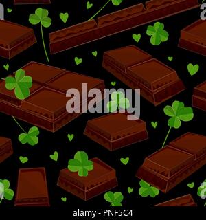 Stylish seamless St. Patrick's day background with clover leaves and chocolate bars. Vector illustration Stock Vector