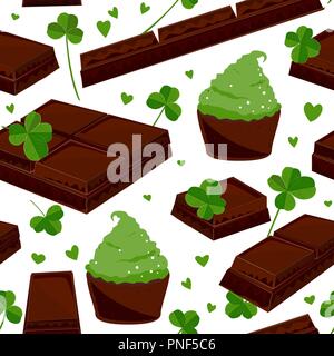 Stylish seamless St. Patrick's day background with clover leaves chocolate bars, and green cupcakes.. Vector illustration Stock Vector
