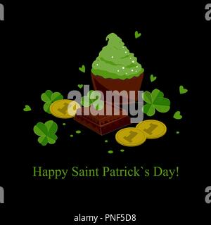Stylish seamless St. Patrick's day background with clover leaves chocolate bars, green cupcakes, and coins. Vector illustration, greeting card Stock Vector