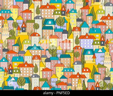 Seamless city pattern with cartoon houses and roofs. Vector illustration Stock Vector