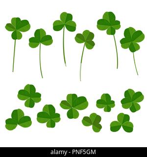 Clover leaves collection, quarterfoil and trefoil, with stems and without one. Vector illustration set. Patricks Day design element. Stock Vector