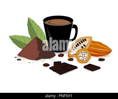 Bright banner with cocoa drink, cocoa powder, chocolate bar, cocoa beans, and cocoa fruits. Print, template, design element for packaging and advertis Stock Vector
