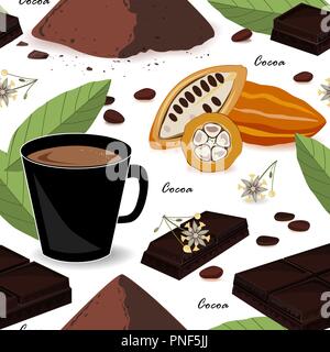 Cute and stylish cocoa seamless pattern. Cocoa beans and leaves, chocolate, cocoa drink and powder. Vector food illustration Stock Vector