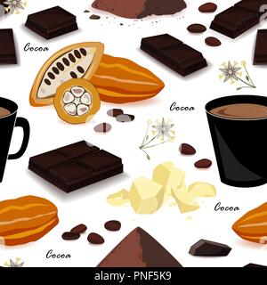 Cute and stylish cocoa seamless pattern. Pod, beans, cocoa butter, cocoa liquor, chocolate, cocoa drink and powder. Vector illustration Stock Vector