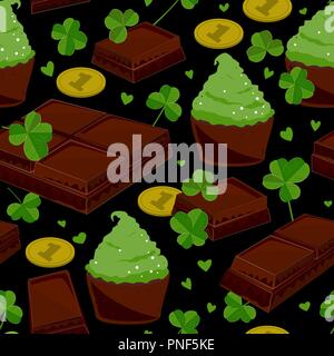 Stylish seamless St. Patrick's day background with clover leaves chocolate bars, green cupcakes, and coins. Vector illustration Stock Vector