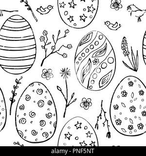 Seamless Easter pattern with doodle ornamental eggs and floral motifs. Vintage spring holiday background. Black and white sketch. Eggs, flower and bra Stock Vector