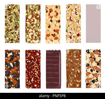 Top view of hand drawn healthy and energy bars, nuts, granola, muesli or cereal. Set of energy, sport, breakfast and protein bars on white background. Stock Vector