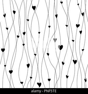 Vector seamless pattern with hanging heart garlands. Threads and hearts. Cute wrapping paper background. Black and white Stock Vector