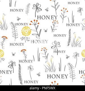 Seamless vector pattern with bees and flowers. Hand drawn vintage graphic doodle design. Sketch pattern for print on fabric. Vector illustration. Endl Stock Vector