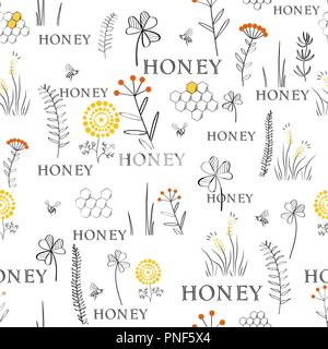 Seamless vector pattern with bees, combs and flowers. Hand drawn linear graphic doodle design. Sketch pattern for print on fabric. Vector illustration Stock Vector