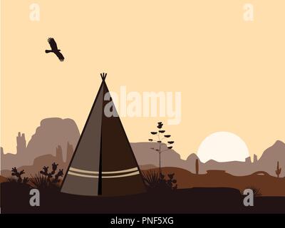 Indian wigwam silhouette with cacti, mountains, and eagle in the sky. American landscape with tribal tepee. Vector landscape Stock Vector