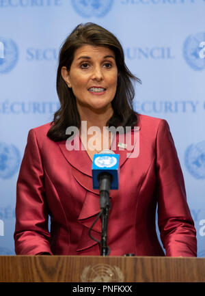 New York, USA - September 20, 2018: Ambassador Nikki Haley US Permanent Representative to the United Nations briefs on the US priorities for the 73rd UN General Assembly High-Level Week at UN Headquarters Credit: lev radin/Alamy Live News Stock Photo