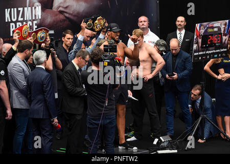 London, UK.  21 September 2018. Anthony Joshua on the scales at the official weigh-in, at the Business Design Centre in Islington, ahead of the Anthony Joshua vs Alexander Povetkin world-heavyweight fight.  Povetkin is the mandatory challenger to Joshua's WBA title and the Joshua will also defend his WBA Super, IBF, WBO and IBO belts when the two fighters meet in the ring at Wembley Stadium on 22 September. Credit: Stephen Chung / Alamy Live News Stock Photo