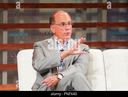 New York, USA. 20th Sep, 2018. Larry Fink, CEO of BlackRock, speaks during Yahoo Finance All Markets Summit in New York, the United States, Sept. 20, 2018. The U.S. economy stands to be hurt in the long term by the imposition of unilateral tariffs on its major trading partners including Mexico, Canada and China as the punitive measures are always the last resort in dealing with trade disputes, business leaders said. TO GO WITH Spotlight: Business leaders say U.S. to be hurt in long term by unilateral tariffs Credit: Wang Ying/Xinhua/Alamy Live News Stock Photo