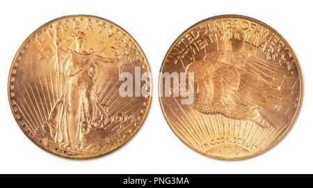 Antique twenty dollar double eagle gold coin. Dated 1914 and showing front and back of coin. Stock Photo