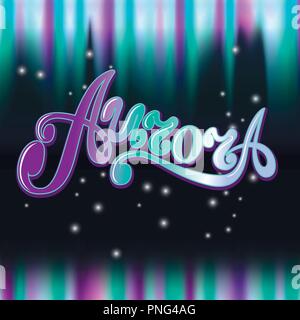 Aurora northern lights. Lettering. Gradient background. Natural phenomenon in the night sky. Stock Vector