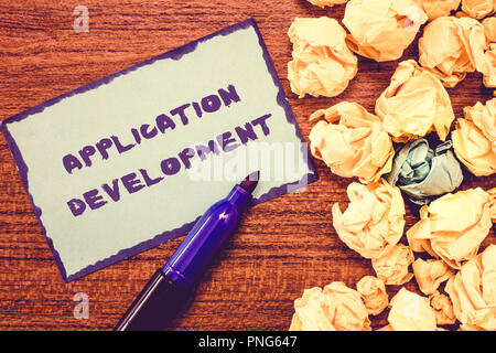 Conceptual hand writing showing Application Development. Business photo showcasing creation of Computer Apps for use on Mobile Devices. Stock Photo