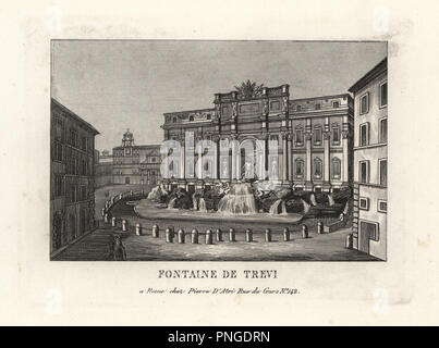 View of the Trevi Fountain, Fontana di Trevi, Rome. Copperplate engraving from Pietro Datri's New Collection of Principal Views of Rome Ancient and Modern with the ruins of war, Rome, 1849. Stock Photo