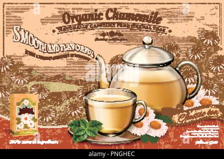 Organic chamomile tea ads with glass teapot set on retro engraving floral fields in 3d illustration Stock Vector