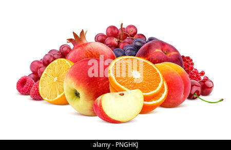 Heap of red fruits and berries isolated on white background with clipping path Stock Photo