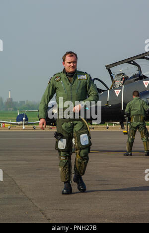 Pilot Matt Barker RAF, Royal Air Force solo BAe Hawk air display pilot with BAe Hawk T1 jet trainer plane at London Southend Airport for the airshow Stock Photo