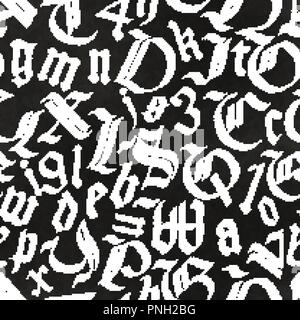 A lot of hand drawn gothic letters drawing with white chalk on black chalkboard, calligraphy seamless pattern Stock Vector