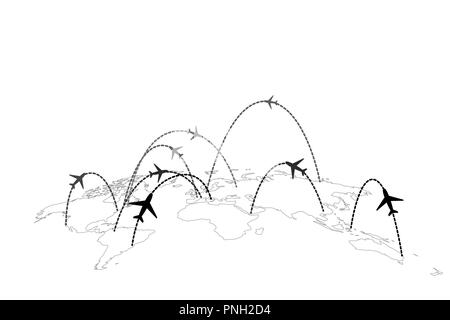 Airline routes with planes on gray world map in perspective on white Stock Vector